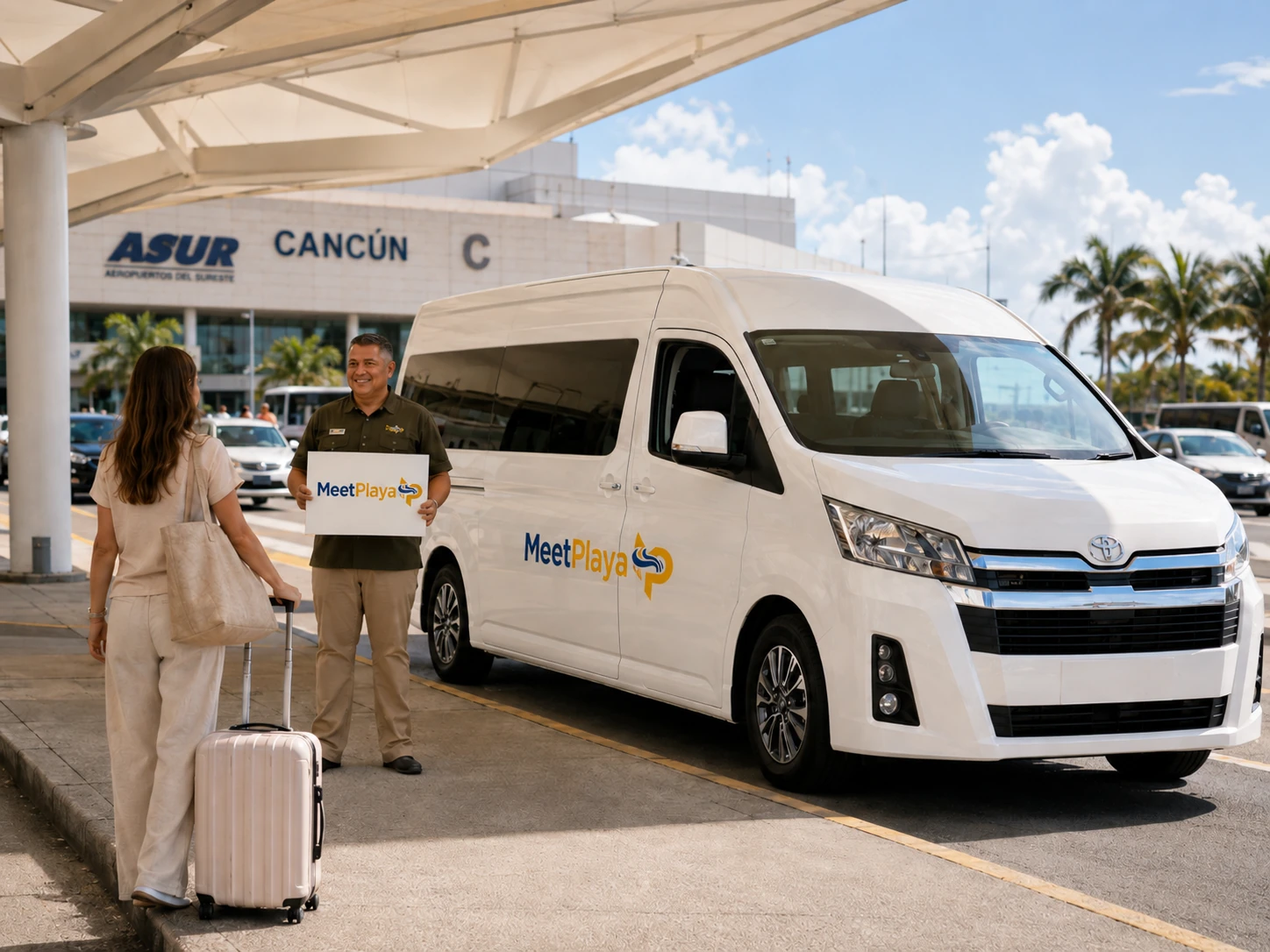 MeetPlaya airport transfer image showing a driver greeting a traveler at Cancun Airport next to a white branded van.