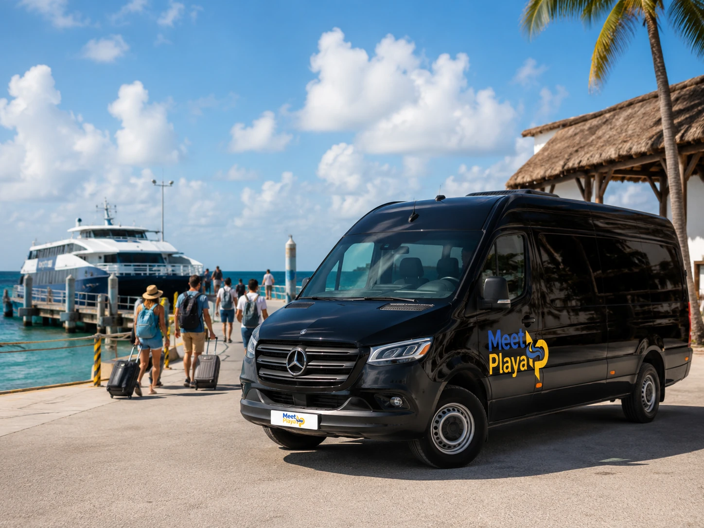 MeetPlaya ferry transfer image showing a branded Sprinter van parked near a sunny ferry terminal while travelers head to the dock.
