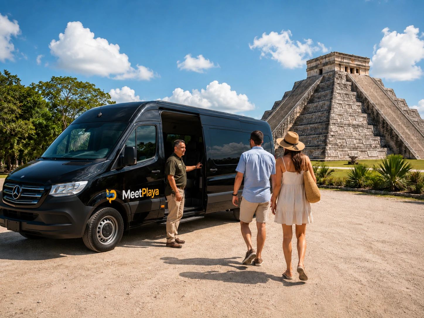 MeetPlaya private tours image showing a branded Sprinter van and travelers near the Chichen Itza pyramid.